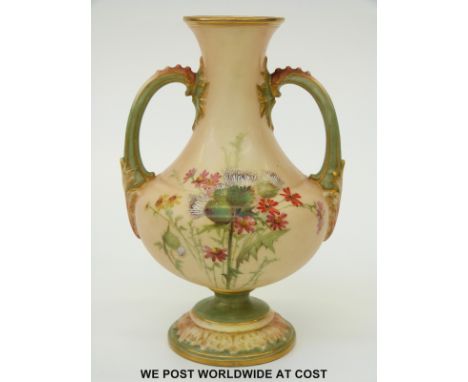 Royal Worcester blush ivory twin handled pedestal vase decorated with thistles and flowers, green Worcester mark and shape no