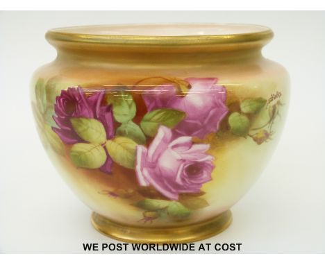 Royal Worcester pedestal jardiniere hand decorated with roses and signed F. Harper, blue Worcester mark and shape no F132 to 