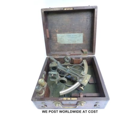 A cased 19th/ 20thC brass sextant by Dobbie McInnes Ltd, 39 Castle Street, Liverpool, together with detachable lens