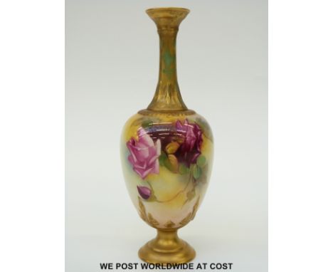 Royal Worcester pedestal vase hand decorated with roses and signed M Hunt, puce mark and shape no 281 to base (19cm tall)