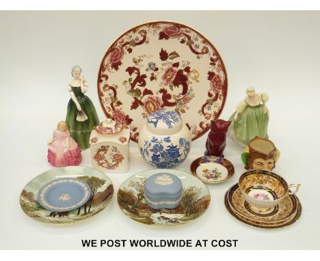 Royal Doulton figures Fair Lady, Gillian & Rose, Jester character jug, flambe cat, Masons Mandalay red charger and caddy, Par