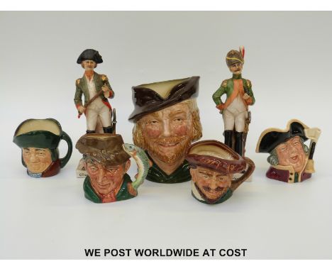 Royal Doulton large character jug Robin Hood, four small jugs and two continental ceramic soldiers. 