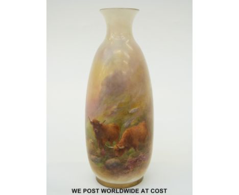 Royal Worcester vase hand decorated with scenes of Highland cattle, signed H. Stinton, puce Worcester mark and shape no 2491 