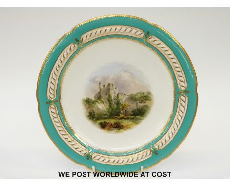 Royal Worcester plate hand decorated with a scene of Chepstow Castle, impressed mark, c1862 (24cm diameter)