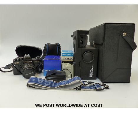 A quantity of cameras and camera equipment including Praktica BMS with accessories, Prina Galaxy lens 300mm, vintage Ensign, 