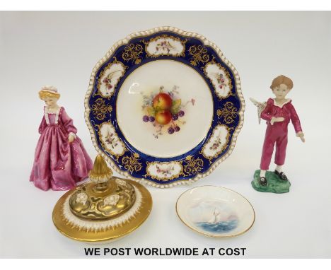 Royal Worcester Parakeet Boy, Grandmothers Dress, pin dish and pot pourri lid together with a Worcester cabinet plate