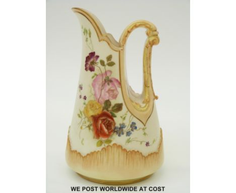 Royal Worcester blush ivory flatback jug with flowers and ornate scrolling handle, puce Worcester mark and shape no 1546 to b