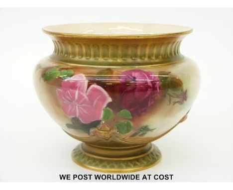 Royal Worcester pedestal vase hand decorated with roses, puce mark and shape no 1735 to base (9.5cm tall)