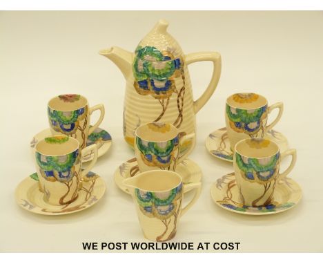 Clarice Cliff Bonjour part coffee set to include five cups and saucers, cream jug and coffee pot in Aurea pattern