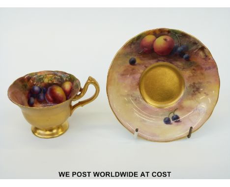 Royal Worcester matched painted fruit cup and saucer signed Price and Townsend