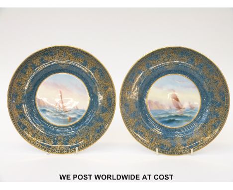 Royal Worcester pair of cabinet plates hand decorated with sailing boats, signed Rushton (23cm diameter)