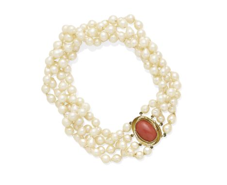 a cultured pearl, coral and diamond necklacecentering an oval-shaped cabochon-cut coral measuring approximately 20.25 x 13.97
