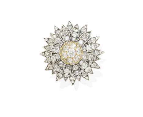 A diamond ring mounted in 14k gold and silver; estimated total diamond weight: 8.40cts; size: 7 3/4; dimensions: 1 3/4 x 1 3/