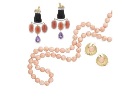 A pair of coral, onyx, and amethyst ear pendantscentering pear brilliant-cut amethysts measuring approximately 16.32 x 10.90 