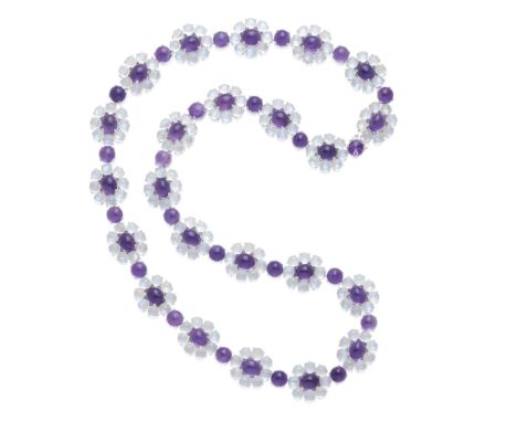 an 18k white gold, amethyst and moonstone necklacecentering oval and round shaped cabochon-cut amethysts and round cabochon-c