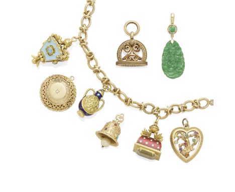 A Gold, Diamond and Stone Charm Braceletthe charm bracelet suspending three enamel and gemstone charms, together with five ad