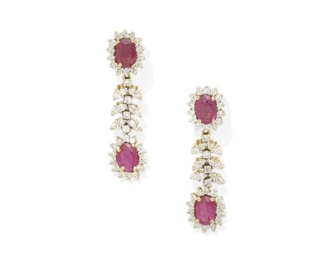 A pair of ruby and diamond ear pendantscentering four oval brilliant-cut rubies weighing approximately 3.20cts;  mounted in 1