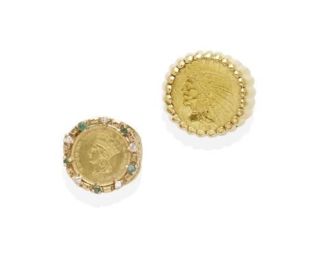 two gold coin ringscentering a $2 1/2 coin and a $1 coin; mounted in 14k gold; gross weight approximately: 31 grams; ring siz