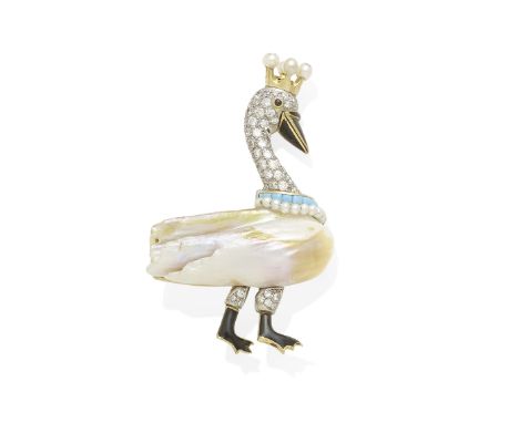 A diamond, pearl, turquoise and enamel swan broochcentering a freshwater pearl measuring approximately 30.96 x 12.55 x 11.43m