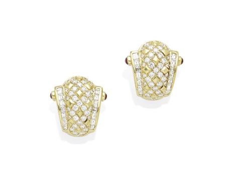 a pair of gold, diamond and ruby ear clips mounted in 18k gold; estimated total diamond weight: 1.90cts; ear clip diameter: 3