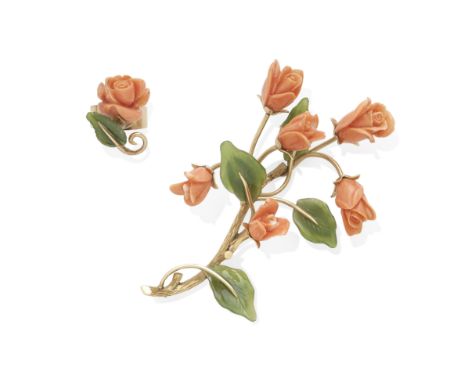 a coral and jade brooch and ring setcomprised of carved coral roses and jade leaves; mounted in 14k gold; gross weight approx