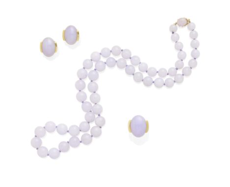 Collection of Lavender Jade Jewelry, Gumpscomprising a bead necklace, a pair of earclips and a ring; mounted in 14k and 18k g