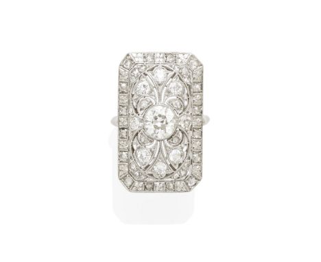 An Art Deco Platinum and Diamond Ringcentering an old mine-cut diamond weighing approximately 1.00ct; mounted in platinum; es