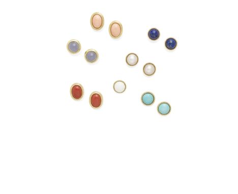 A Collection of Gold and Hardstone Earclipscomprising six pairs of gemstone earclips, together with a single ear clip; mounte