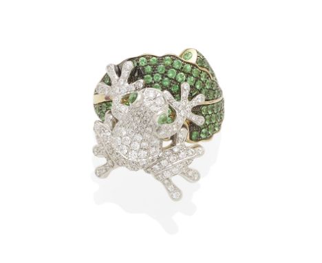 an 18k gold diamond and tsavorite frog ring, Cellini; mounted in 18k bi-color gold; estimated total diamond weight: 1.40cts; 