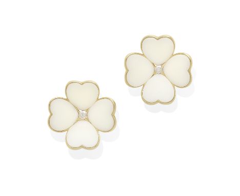 a pair of gold and white coral and diamond ear clips mounted in 18k rose gold; ear clip diameter: 1 1/4in.Footnotes:Please no