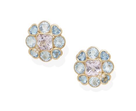 a pair of 18k rose gold, blue topaz and amethyst ear clips, Kathy Irelandcentering two cushion-cut amethysts weighing approxi