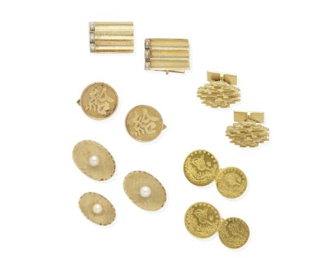 a collection of five pairs of cufflinks mounted in 9k, 14k, and 18k gold; gross weight approximately: 66 gramsLot to be sold 
