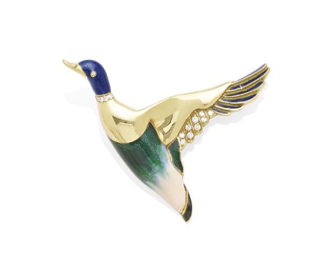 a diamond and enamel duck brooch mounted in 18k gold; dimensions: 2 x 1 3/4in.