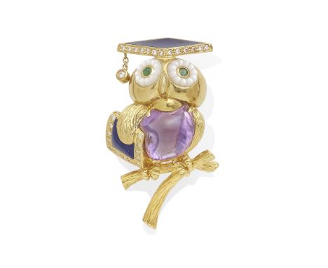 A gold, Amethyst, diamond and emerald owl broochwith a lapis lazuli mortar board and diploma; mounted in 18k gold; dimensions