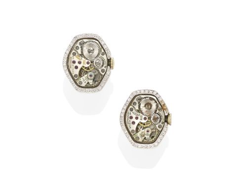 A pair of diamond and watch movement cufflinks, Cellini mounted in 18k white gold; gross weight approximately: 28 grams; cuff