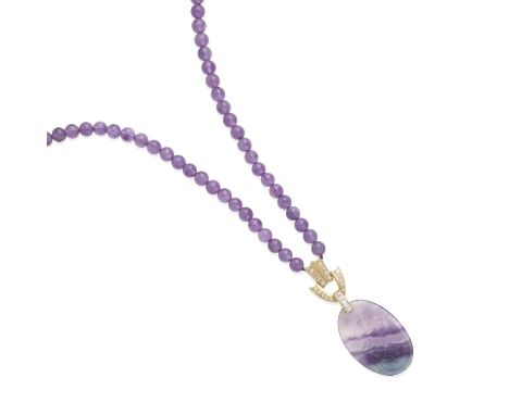 an amethyst bead necklace with fluorite and diamond pendant mounted in 14k gold; gross weight approximately: 31 grams; length