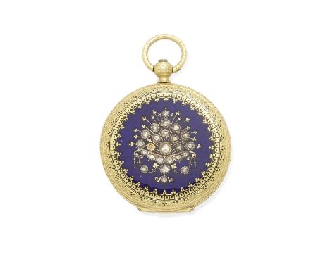 A Gold, Enamel and Diamond Pocket Watch, Late 19th Century mounted in 18k gold; gross weight approximately: 37 grams; dimensi