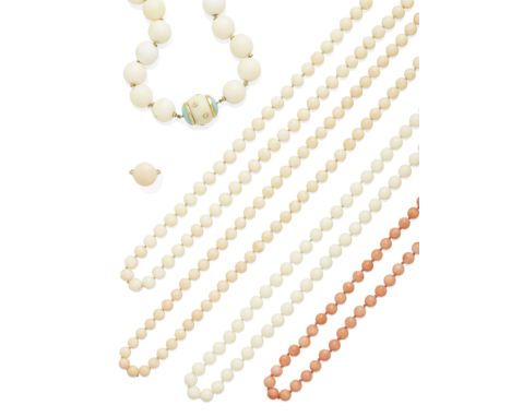 A Collection of Coral Bead Necklaces and ringComprising four coral bead necklaces, a coral and turquoise necklace, and a cora