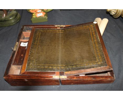 Oak and mother of pearl inlaid writing slope with green leather insert to interior