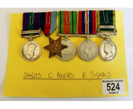 1939 /45 Star, Defence and War medal G.S.M, bar Palestine 45~48, Territorial Efficiency medal 3446185 SAL , C Ackers, R signa