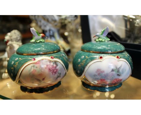 Pair of musical lidded trinket boxes in Lena Liu's jeweled Hummingbird series 