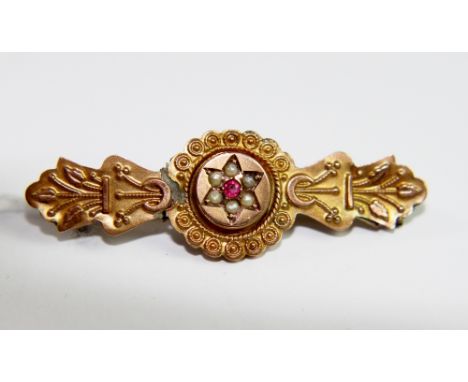 Victorian 9ct gold seed pearl and ruby brooch, 1.7g