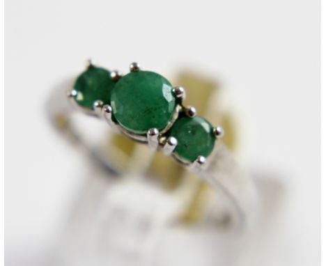 Silver three emerald ring, size N