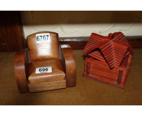 Two treen trinket boxes, one in form of  miniature 1920s armchair, the other a house of lollypop sticks 