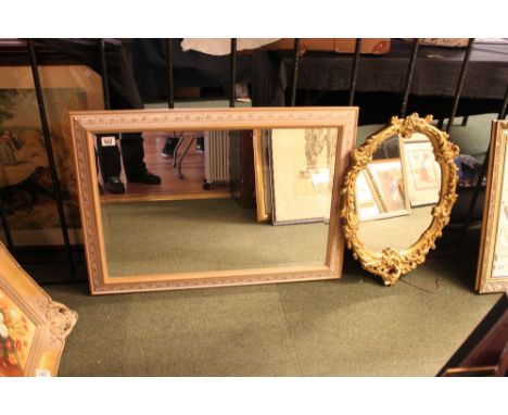 Light oak framed rectangular bevelled edge mirror and gilded oval mirror