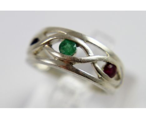 Sterling silver ruby emerald & sapphire ring, size N