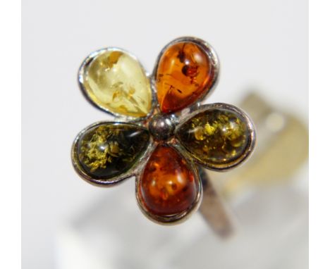 Silver amber flower ring, size Q