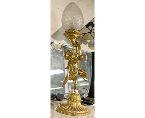 GILT BRASS CHERUB TABLE LAMP 65CMS (H) INC GLASS SHADE APPROX