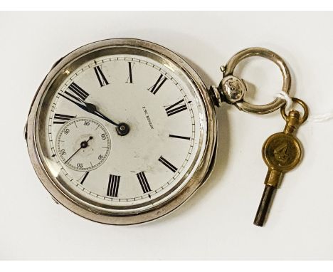 OPENFACE J W BENSON H/M SILVER POCKET WATCH WITH KEY