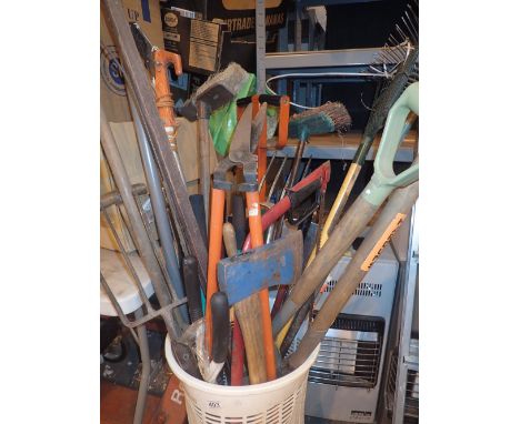 Quantity of garden hand tools, spade, fork, hoe, rake, axe, saw, tree lopper, shears etc 